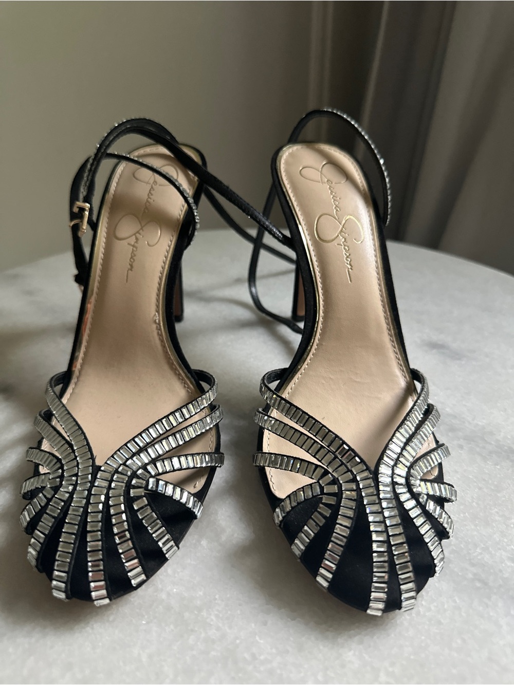 NWOT Jessica Simpson Black Rhinestone Strappy Open-Toe Heels